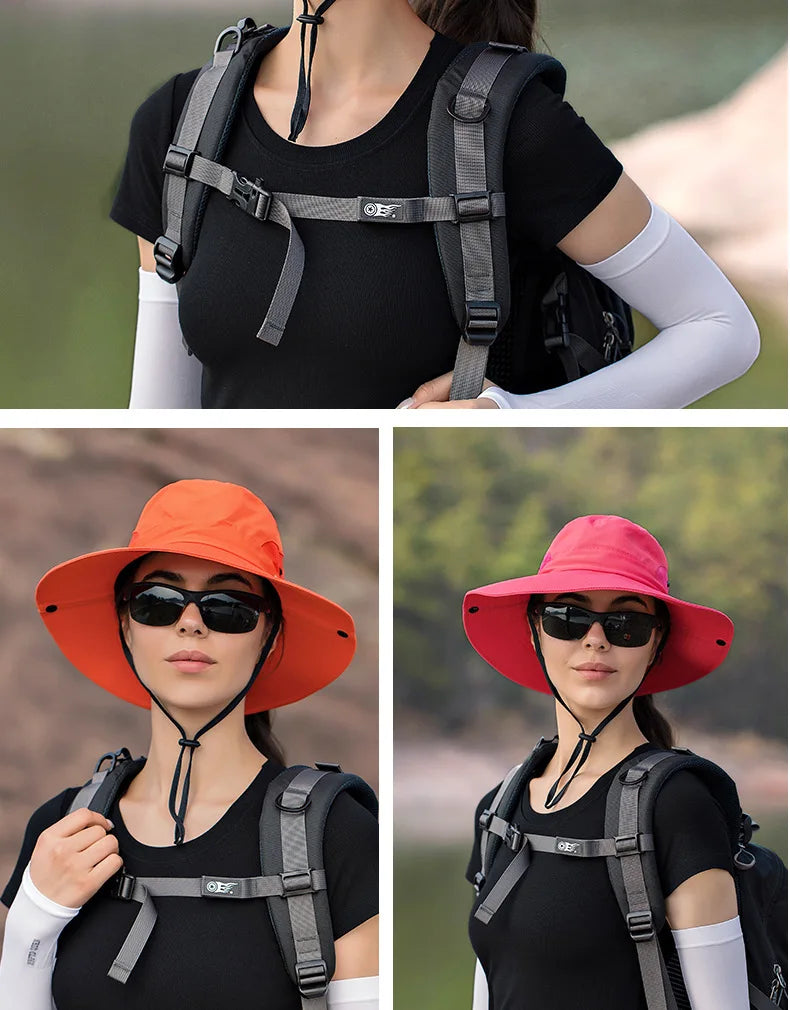 Women Summer Adjustable Bucket Hat with a Ponytail Hole Girls Sun Protection Hiking Cap Parent-child Outdoor Wide Brim Headgear