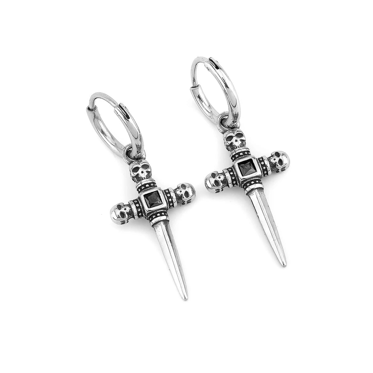 Vintage Cross Zircon Inlay Skull Earrings Men Hip Hop Stainless Steel Accessories Fashion Punk Jewelry Gift