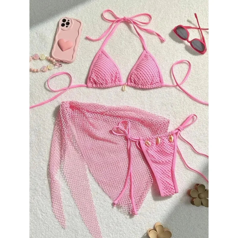 Sexy Bikinis Swimsuits Women 3 Piece Spliced Triangle Halter Backless Bikini Set Bandage Cover Up 2025 New Vacation Beachwear