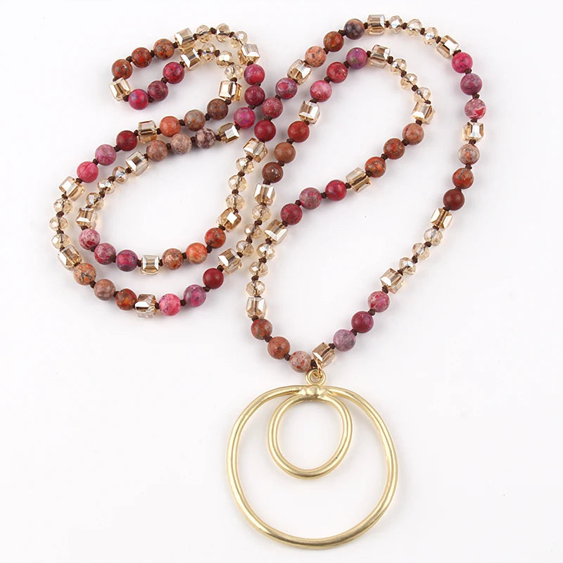 Fashion Bohemian Jewelry Accessory 6mm Stones/Crystal Knotted With Metal Round Pendant Necklaces Women Boho Gift