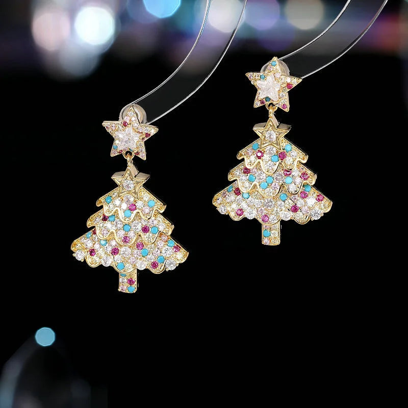Shiny Pink Colorful Christmas Tree Zircon Crystal Earrings For Women Star Silver Color Stud Dangle Jewelry Xmas Party Gift