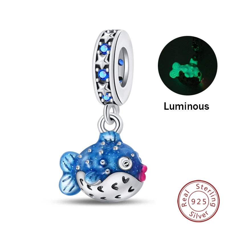 New 100% 925 Sterling Silver Ocean Luminous Sea Turtle Dolphin Octopus Charms Beads Fit Qikaola Original Bracelets DIY Jewelry