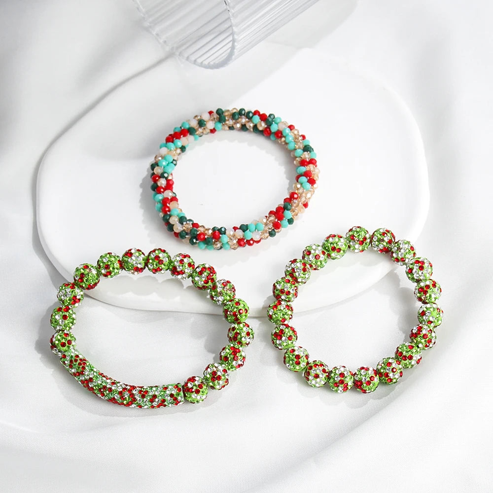 New American Independence Day 3pcs Stack Bracelet Set 10mm Red White Blue Mixed Rhinestone Ball Glass Beaded Elastic Bracelet