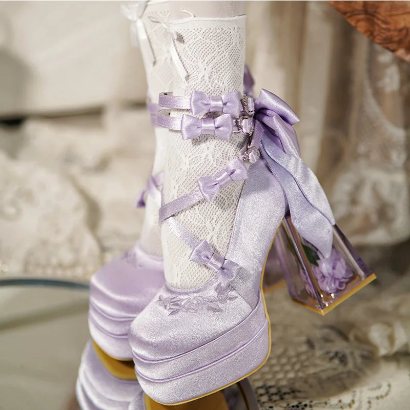 Original Lolita High Heels Elegant Ladies Camellia Embroidery Sweet Bow Satin Mary Jane Shoes Cos Shoes Women's Chunky Heels