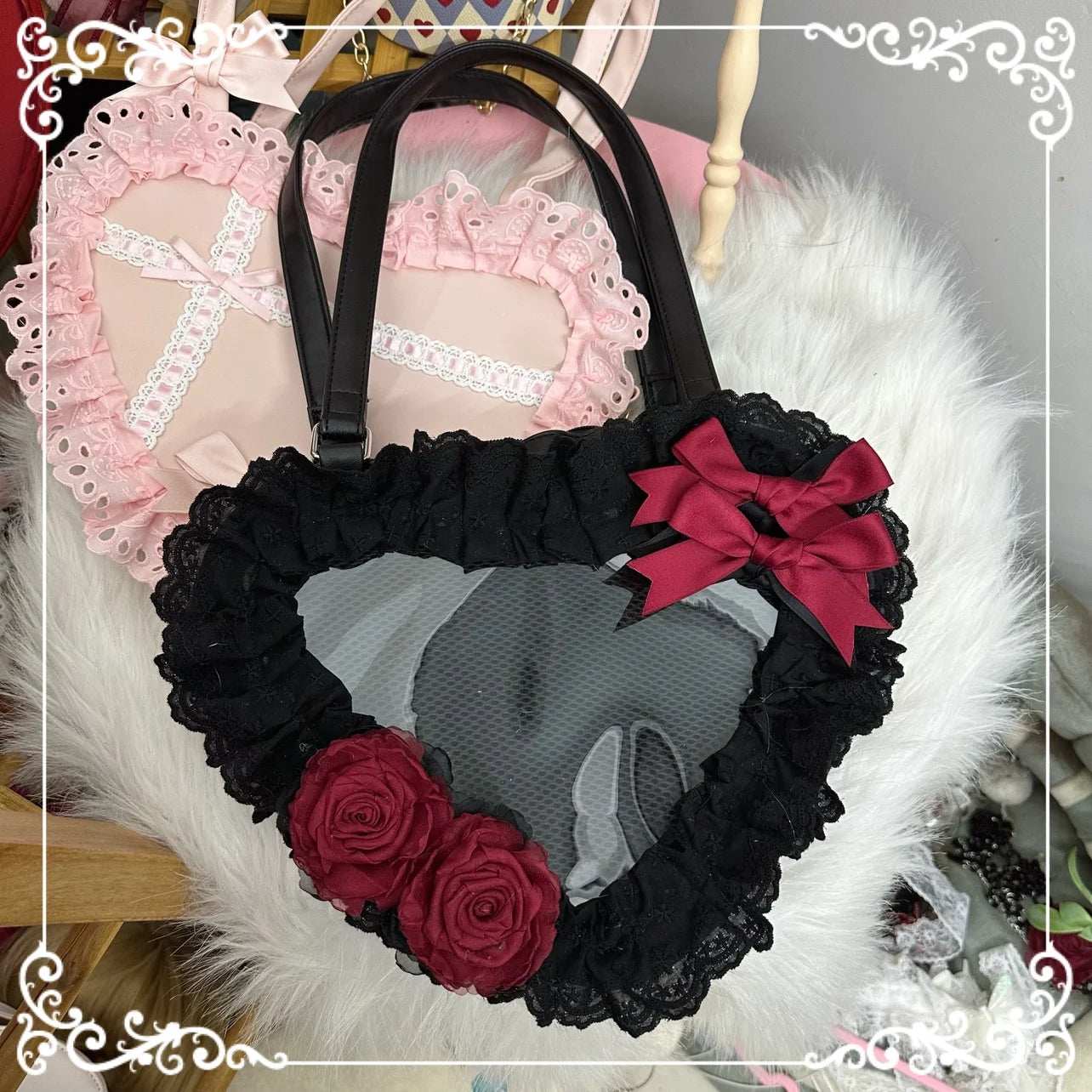 Lolita Handmade Love Heart Lace Flower Cute Shoulder Bag Sweet Girl Students Bow Tote Handbags