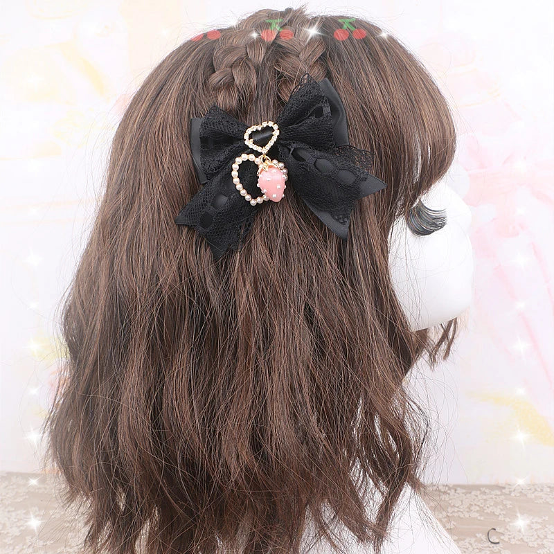 Women's Hair Accessories Strawberry Bow Lace Handmade Hair Clips Trendy Girl's Gift Lo Black Beige White Bowknot Hair Clip