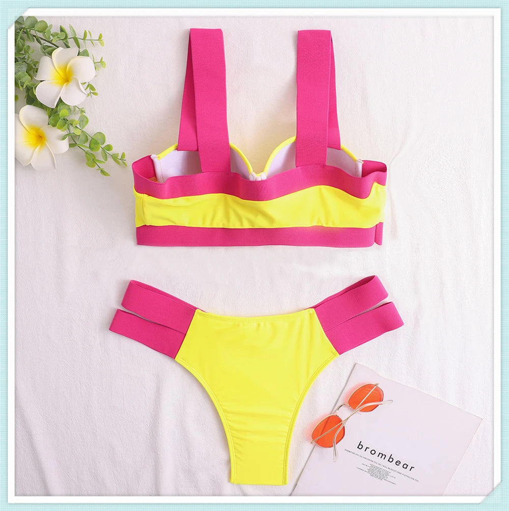 Solid Bandage Bikini Women Push Up Swimsuit Sexy Swimwear Female Brazilian Bathing Swimming Suit Bather Splicing Color Beachwear
