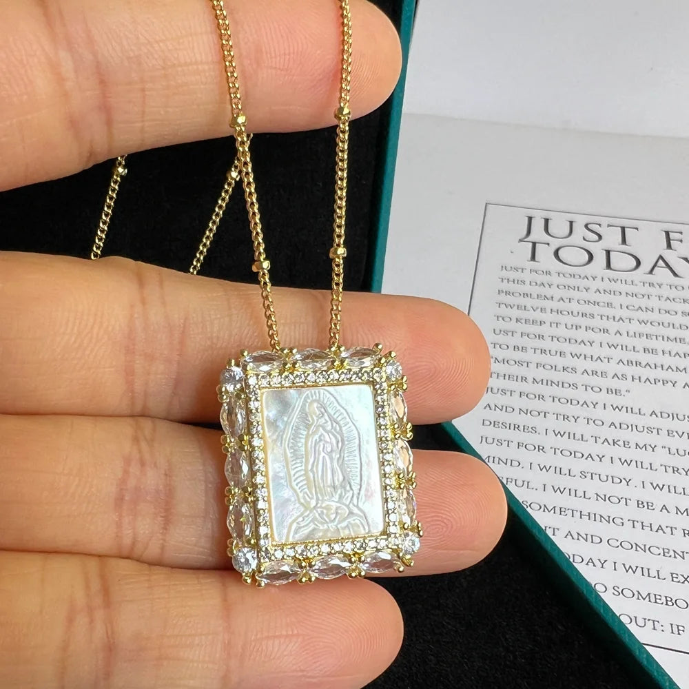 Natural Mother Pearl Shell Virgin Mary Guadalupe San Benito Charm Necklace Rectangle Religious Medals Necklace for Women & Gift