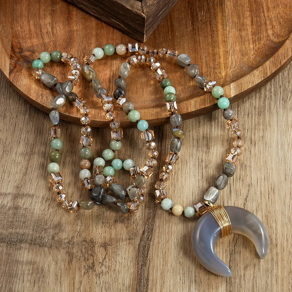 New Natural Crystal Aventurine Jade Agate Bull Horn Pendant 6mm Natural Stone Glass Knot Necklace Sweater Chain Women's Gift