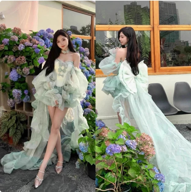 High Street Women's Mint Green Strapless Bowknot Sweet Fairy Organza Dress 2024 New Elegant Big Bow Trailing Party Wedding Dress