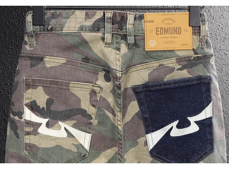 Streetwear Fashion Men Jeans High Quality Stretch Slim Fit Camo Trousers Embroidery Patch Designer Hip Hop Denim Pants Hombre