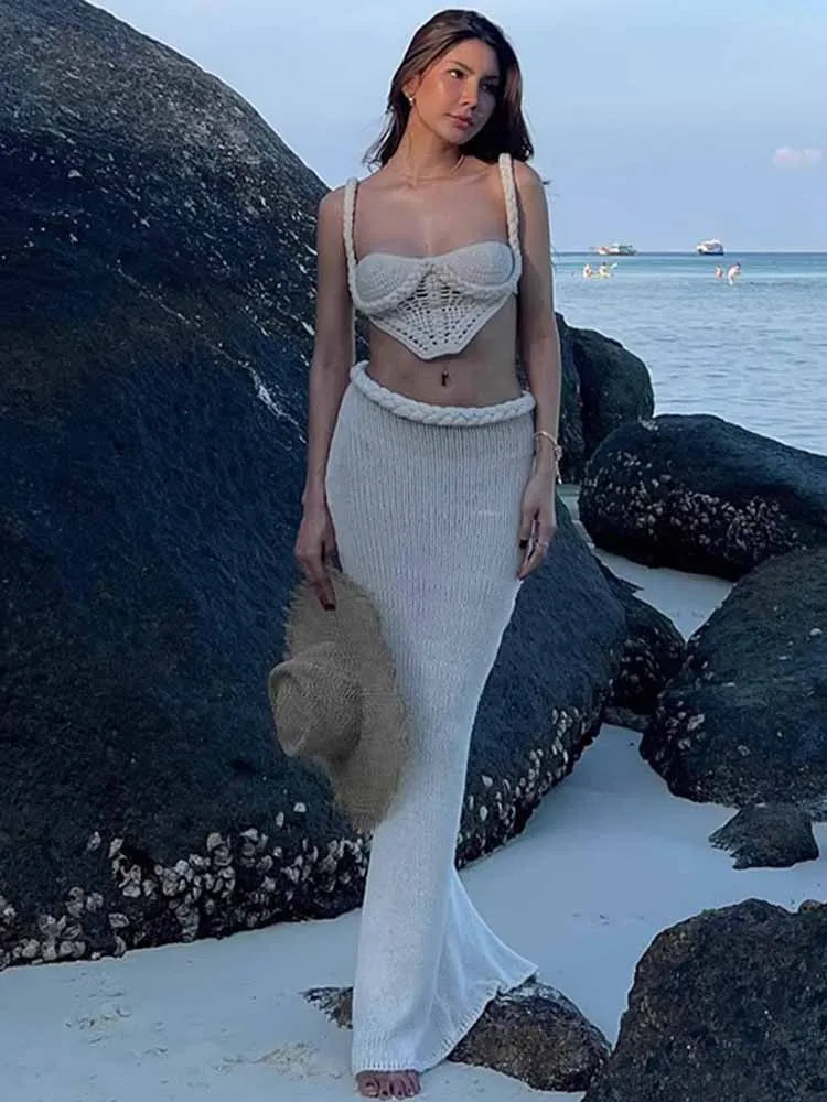 BKQU Crochet Knit Skirts Set Women Sexy Hollow Out Lace Up Crop Tops Hip Package Split Long Skirt Elegant 2 Pieces Beach Outfits