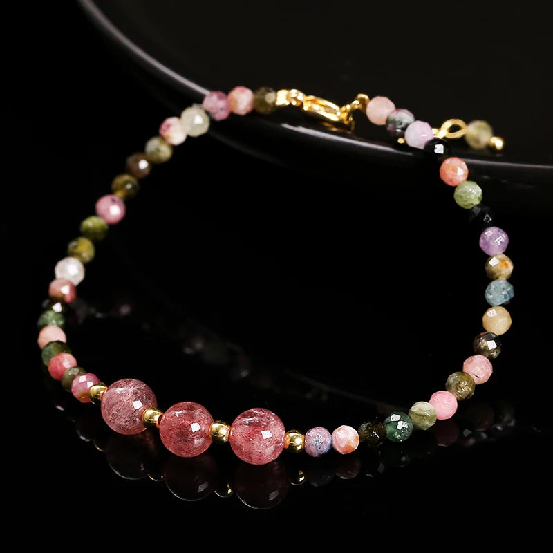 JD Natural Stone Faceted Rainbow Tourmaline Strawberry Quartz Bracelet Women Luxury Thin Adjustable Reiki Healing String Jewelry
