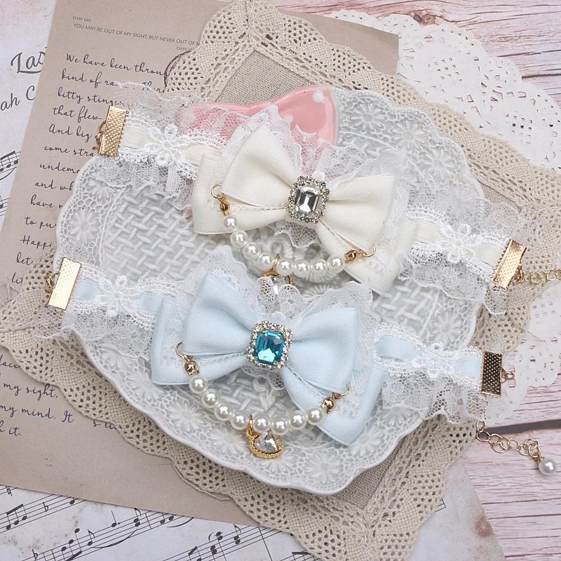 Ornate Mine Series  Handmade Ribbon Bow Bracelet Women Pearl Lace Chain Bow with Heart Pendant Lolita Accessories Bracelet