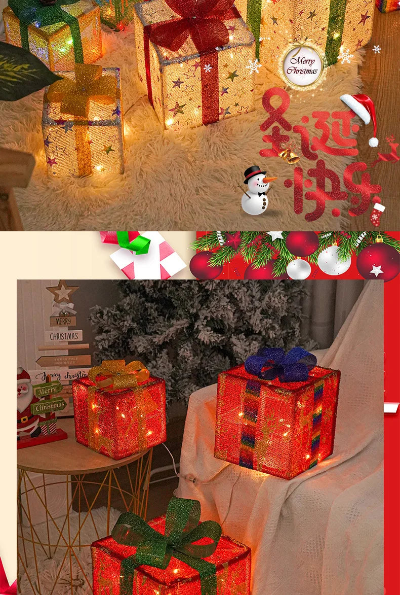 2025 Christmas Gift Box with LED Light String Warm Light Colored Light 3pcs Gift Box Christmas DIY Props Decoration Gift Boxs