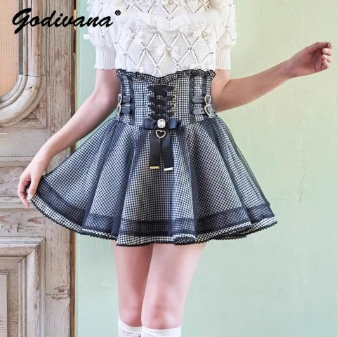 Japanese Liz New Summer Lace Edge Leather Ring High Waist Pleated Skirt Ribbon Bow All-match Short Skirts Big Bow Lolita Blouses