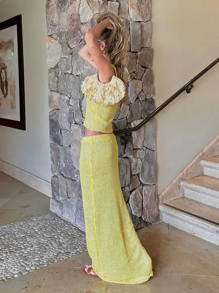 Sexy Transparent Sleeveless Shiny Camisole Tank Top Long Dress Two Piece Set 2025 Fashion Elastic Waist Wrap Hip Knitted Set K68