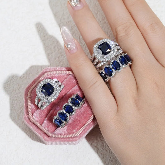 2pcs Luxury Jewelry Trendy Set Rings for Women Dark Blue Pink Cubic Zirconia Rings Gorgeous Wedding Accessories Eternity Jewelry