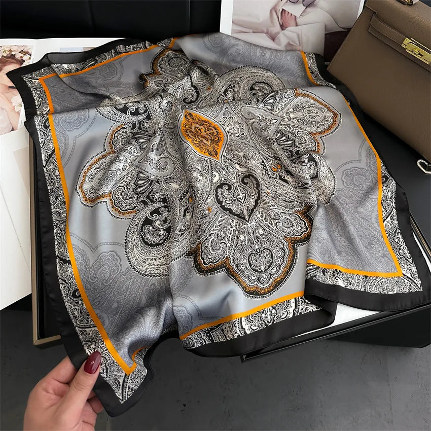 Imitated Silk Headcloth Fashion Flower Print Square Shawls Popular 70X70cm Bandanna Kerchief Sun Protection Silk Scarves Tie Bag