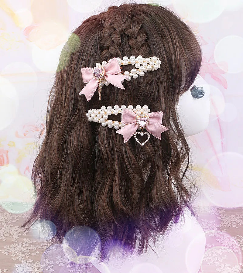 Cute Sweet Japanese Lolita Barrettes Hairpin Mine Pearl Bow Rhinestone Love Heart A Pair Of Hairclips Side Clip Hair Accessories