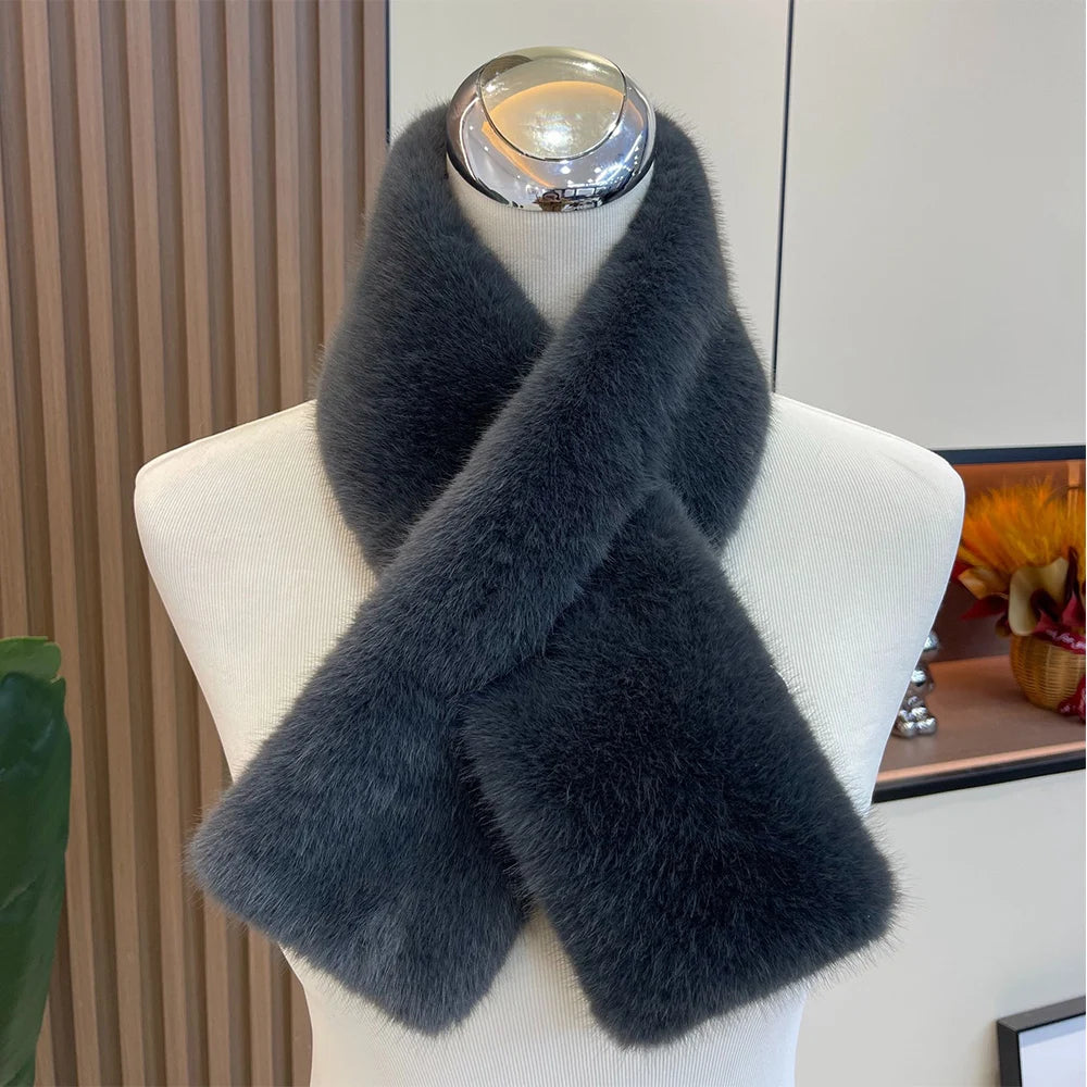 Korean Winter Faux Rabbit Fur Women Scarf Double-sided Soft Plush Snood Scarves Solid Neck Collar Warmer Stuff Christmas Gift