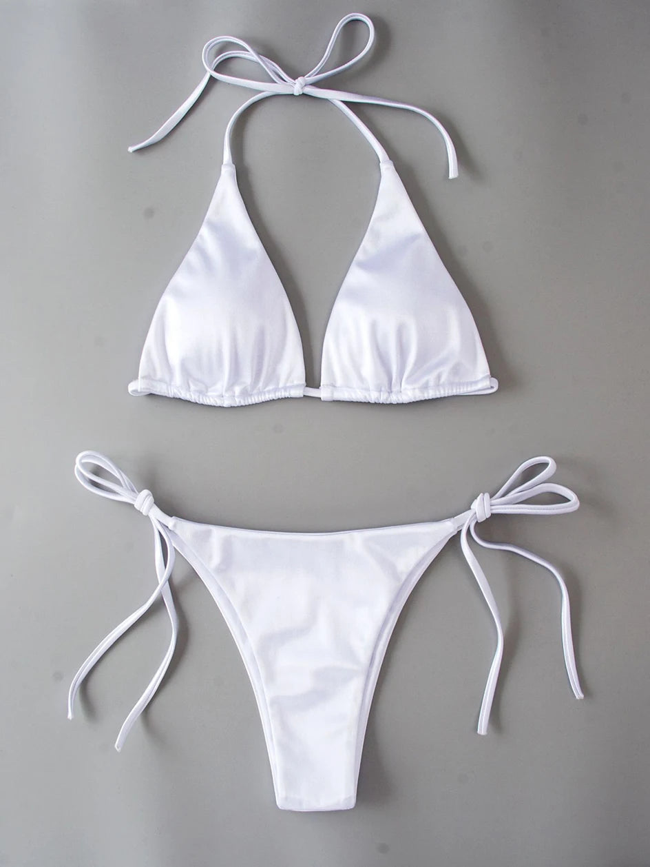 Metallic Halter Triangle Bikini 2023 Swimsuit Women Swimwear Female Bathing Suits Brazilian Thong Micro Bikinis Set Beach Wear