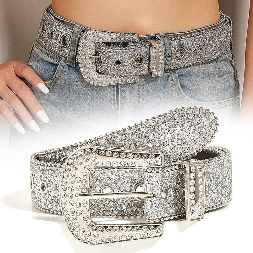 Glamorous New Goth Rhinestone PU Leather Belts - Unisex Fashion for Jeans with Western Cowboy Y2K Edge