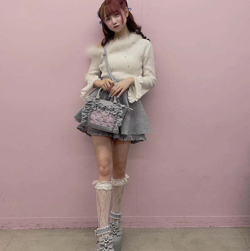 Japanese Style Mine Ita Bag Ruffled Lace Women Girls Rhienstone Pearl Bowknot Square Tote Shoulder Portable Bolso Handbags