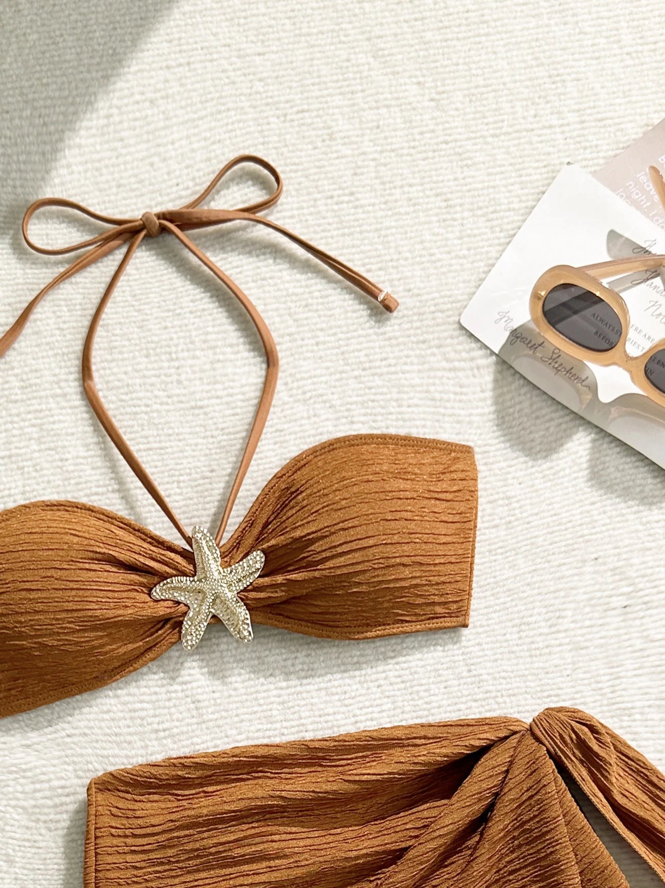 Sexy Metal Starfish Bikinis Set Women Brown Bandeau Push Up Mesh Skirt 3 Piece Swimsuit 2025 Beach Bathing Suit Holiday Swimwear