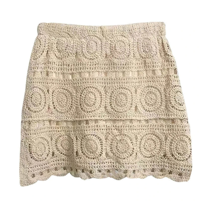 Women Hollow Out Crochet Knit Mini Skirt Lady Summer Boho Geometric Pattern High Waisted Beach Vacation A-Line Skirt with Lining