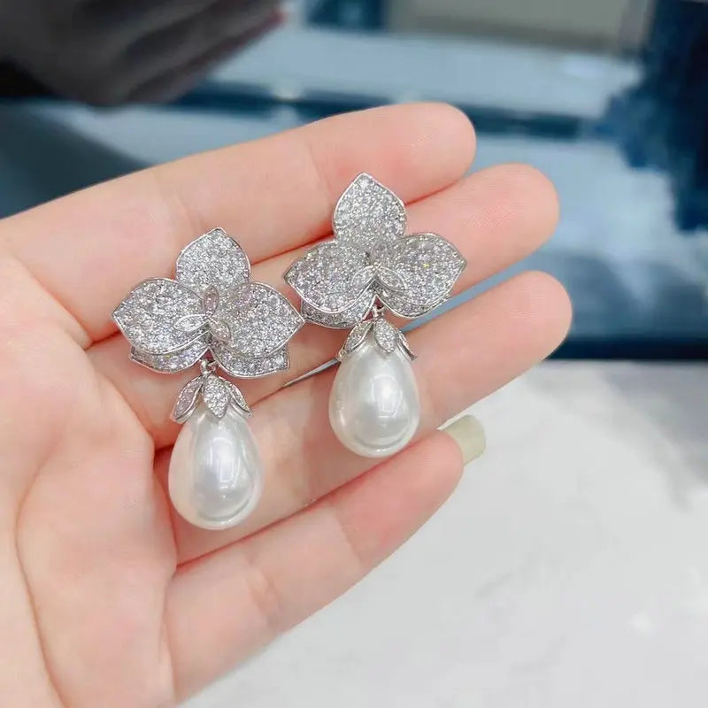 Bilincolor Purple Flower and Pearl Earring for Women Fashion Jewelry