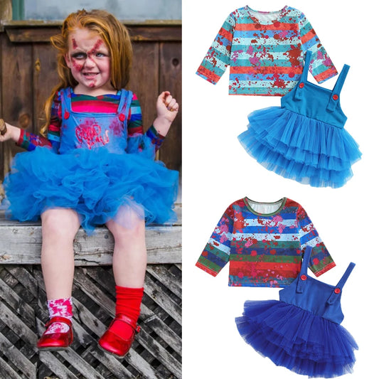 FOCUSNORM 1-5Y Lovely Little Girls Halloween Clothes Sets Bloody Stripe Print Long Sleeve Tops and Lace Tulle Suspender Skirt
