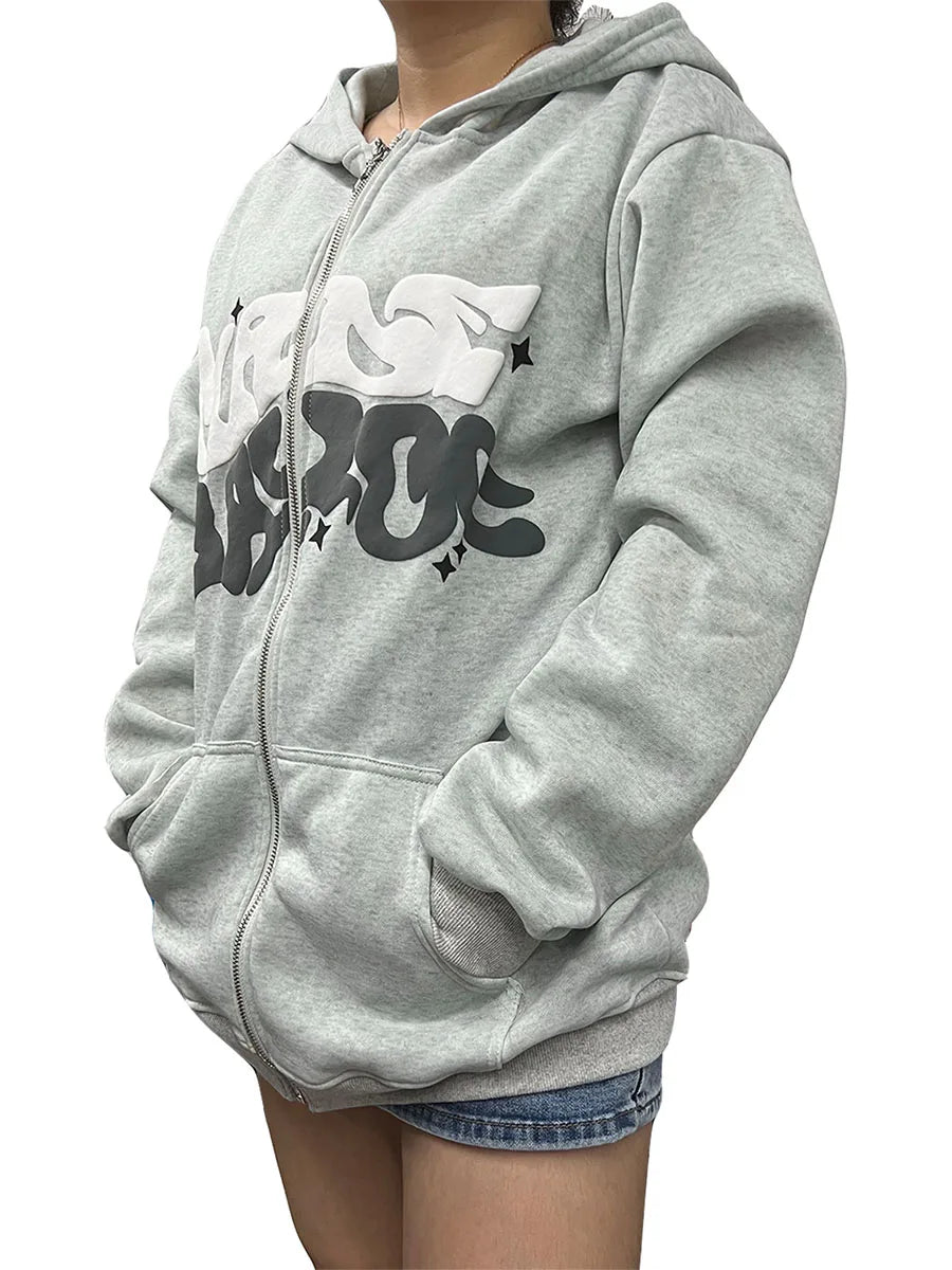 Women s Zip Up Hoodies Long Sleeve Letter Print Oversized Sweatshirts Jackets Streetwear Tops