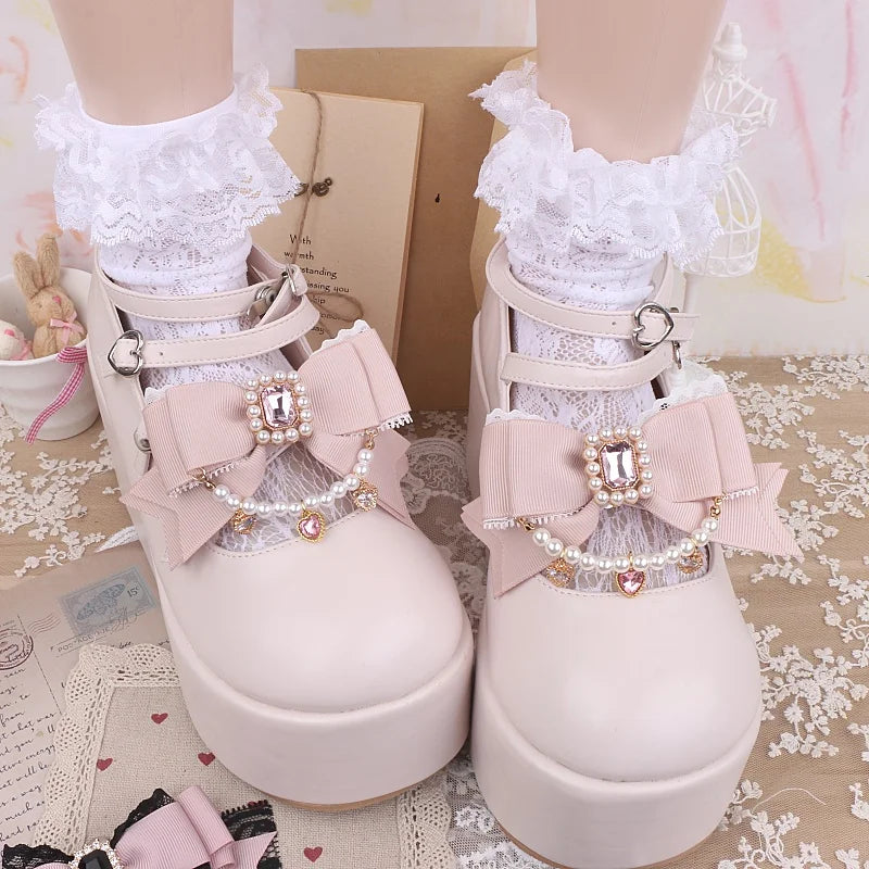 Jirai Kei Style Mine Lace Splicing Bow Shoes Accessories Lolita Beaded Heart Rhinestone Bow Shoe Clip Mary Janes Buckle