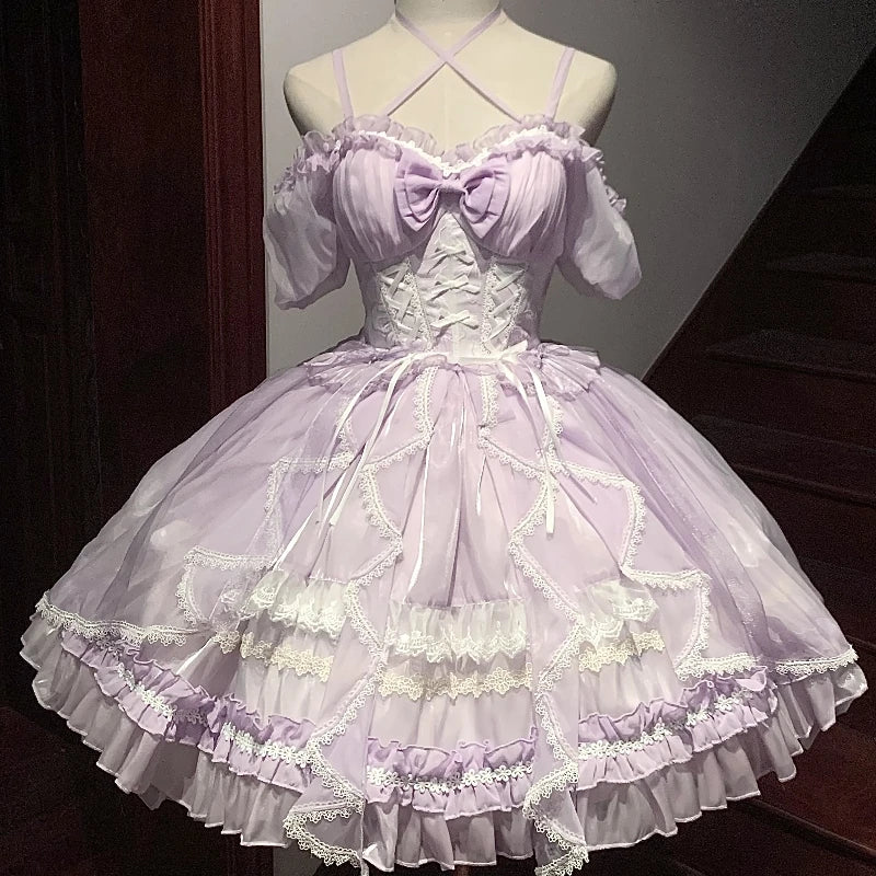 Lolita Sweet Girl Princess Dress Spring and Summer Off Shoulder Women's Short Sleeve Slim OP/JSK Short Ball Gown Dress