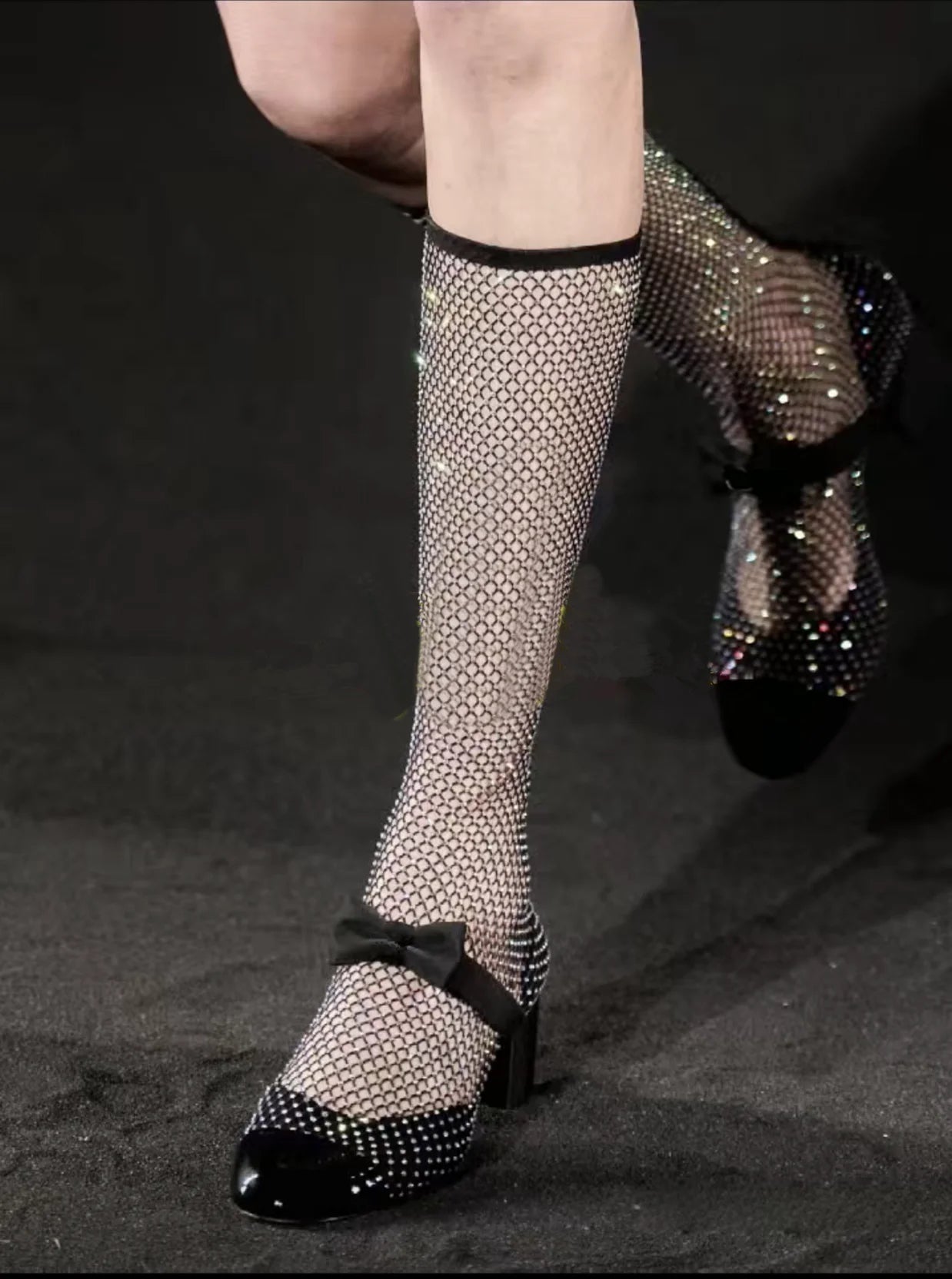 Rhinestone Mesh Upper Bow Mary Janes Shoes Block High Heels Splicing Elastic Slip-on Designer Women's  Elegance Party Footweant