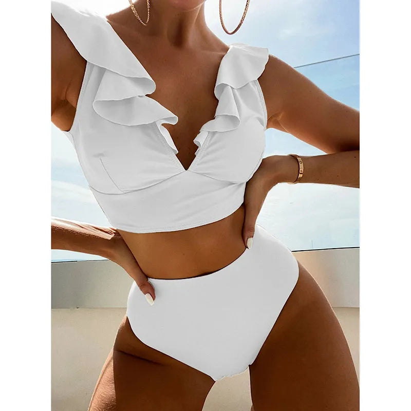 Riseado High Waist Bikinis Set Ruffle Shoulder Sexy Plunging Swimwear Women Bathing Suit Summer Beachwear