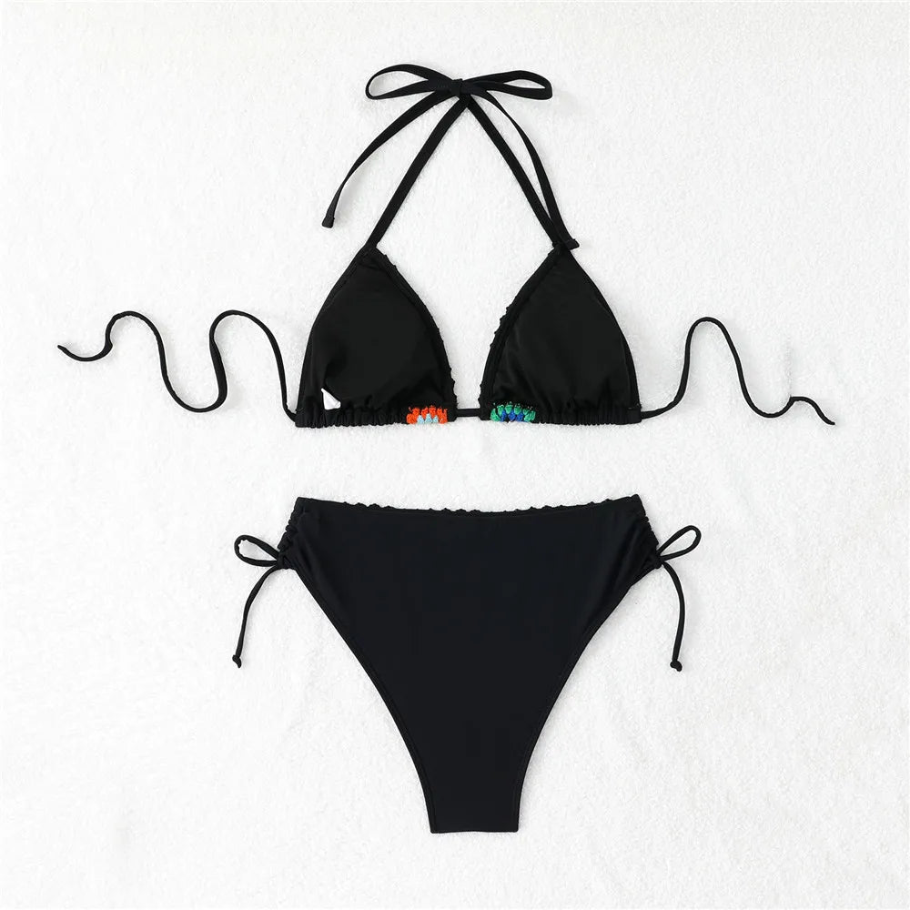 Black Thong Micro Knitted Crochet Bikini 2025 String Halter Swimwear Sexy Swimsuit Women Lace-up Bathing Suit Black Bikinis Sets