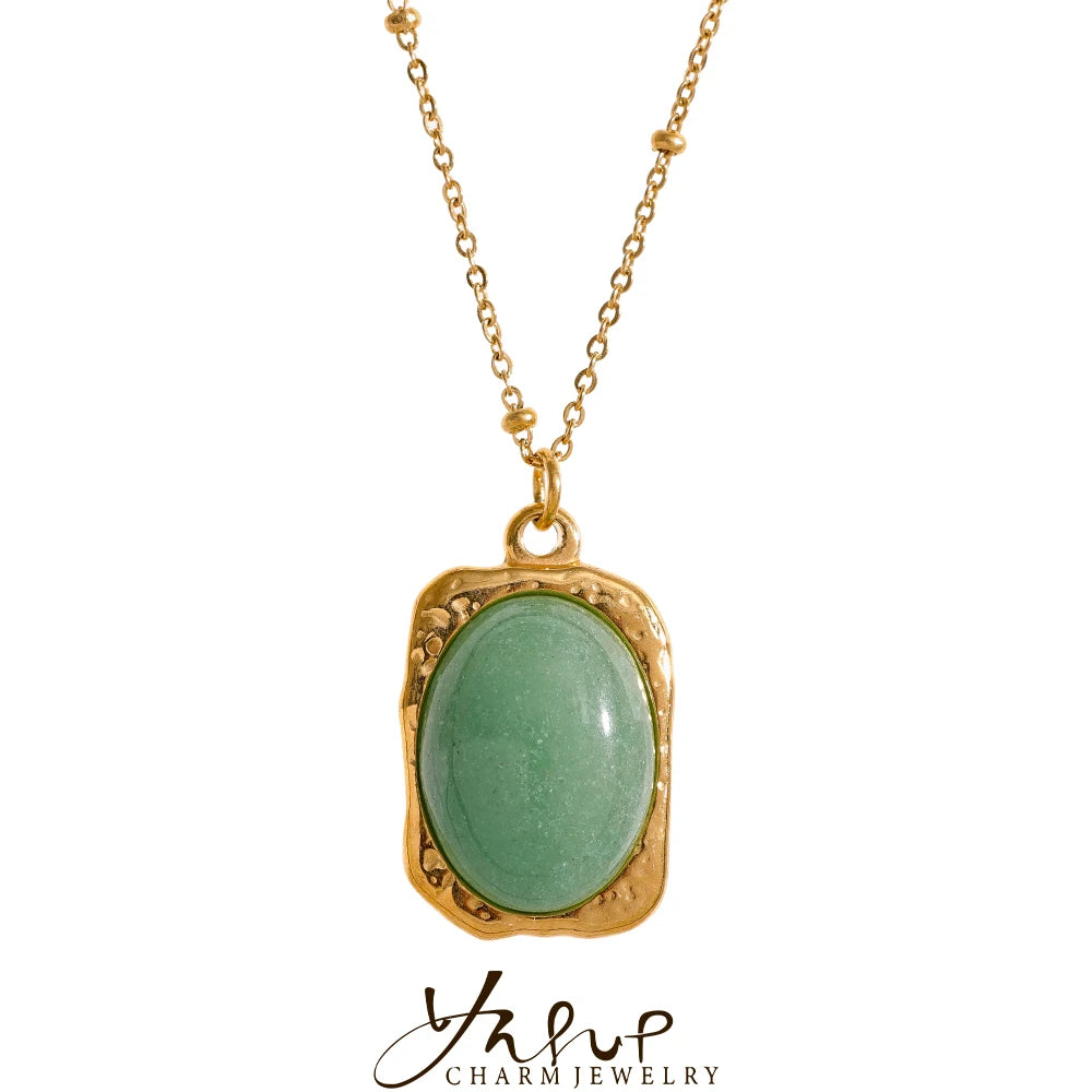 Yhpup Natural Stone Square Pendant Stainless Steel Necklace Amethyst Green Aventurine Charm Fashion Collar Jewelry  Women