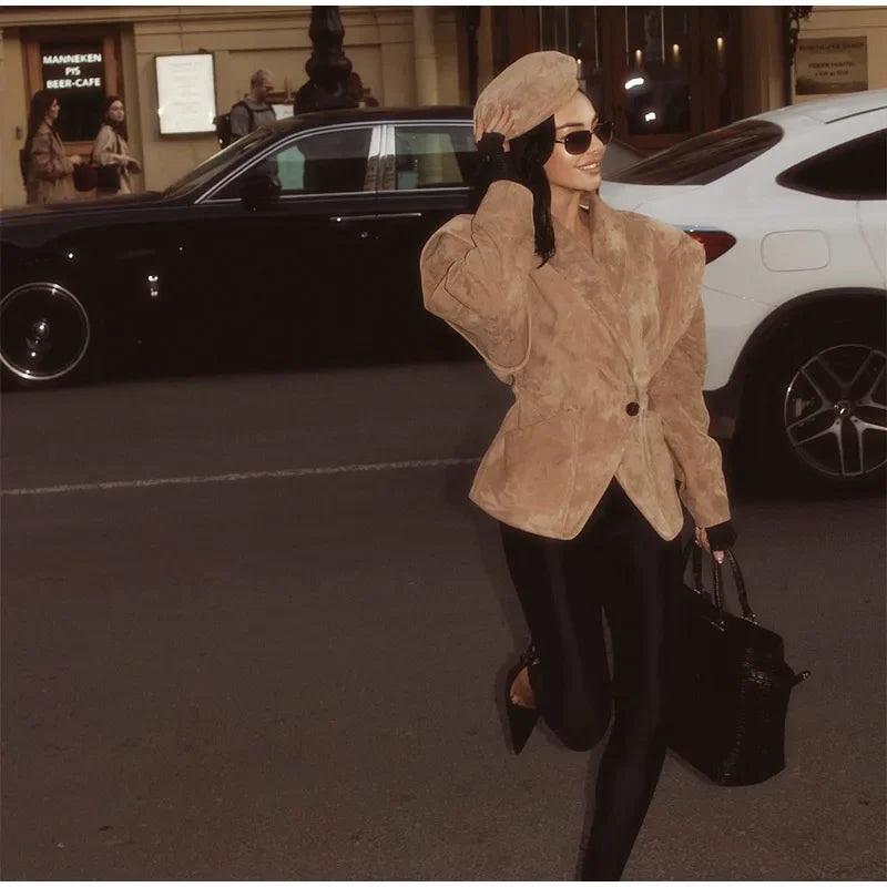 Dark Brown Suede One Button Blazer Women Long Sleeve Wide Shoulders Coat Autumn Highstreet Commute Fashion Solid Lady Outerwears