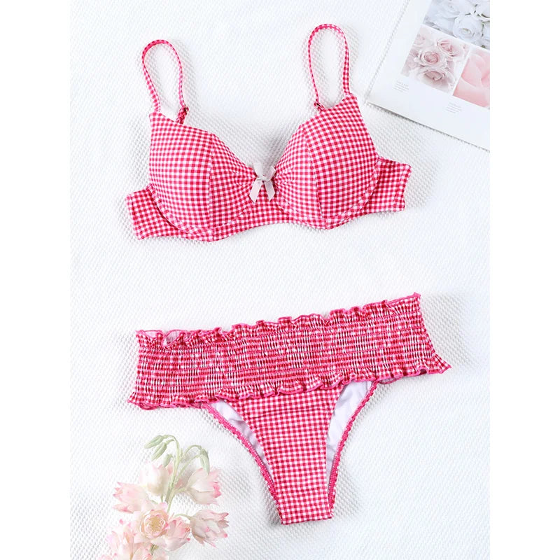 Miyouj Bow Bikinis 2024 Biquin Pleated Swimsuit Women Plaid Print Bikini Set Sexy Swimwear Push Up Beachwear Low Waist Bath Suit