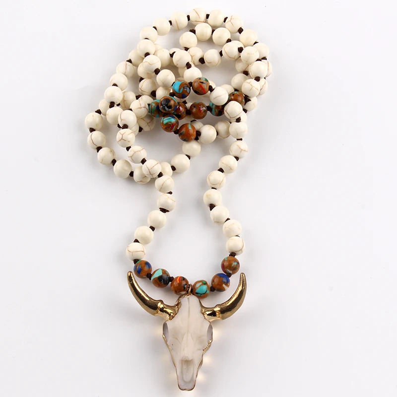 Fashion Bohemian Jewelry Sem Stone Knotted Horn Pendant Necklace For Women Boho Ethnic Necklace Gift