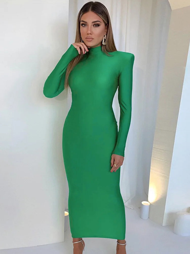 Shoulder Padded Long Sleeve Bodycon Green Party Club Maxi Long Dress 2023 Spring Autumn Women Fashion Elegant Clothes