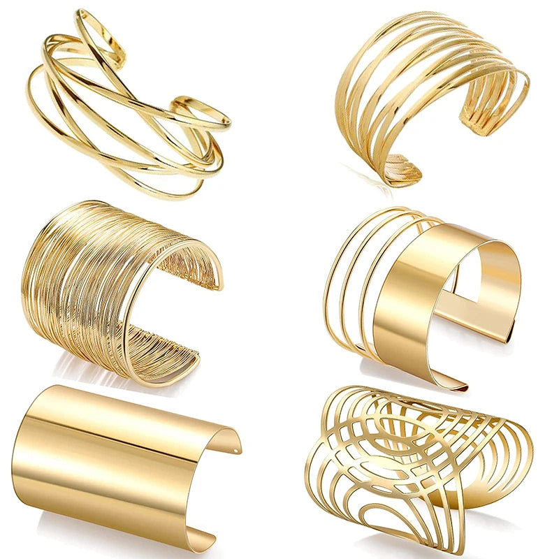 FTCY 6 Pcs Cuff Bangle Bracelet for Women Gold Color Open Wide Wire Bracelets Women's Wrist Cuff Wrap Bangles