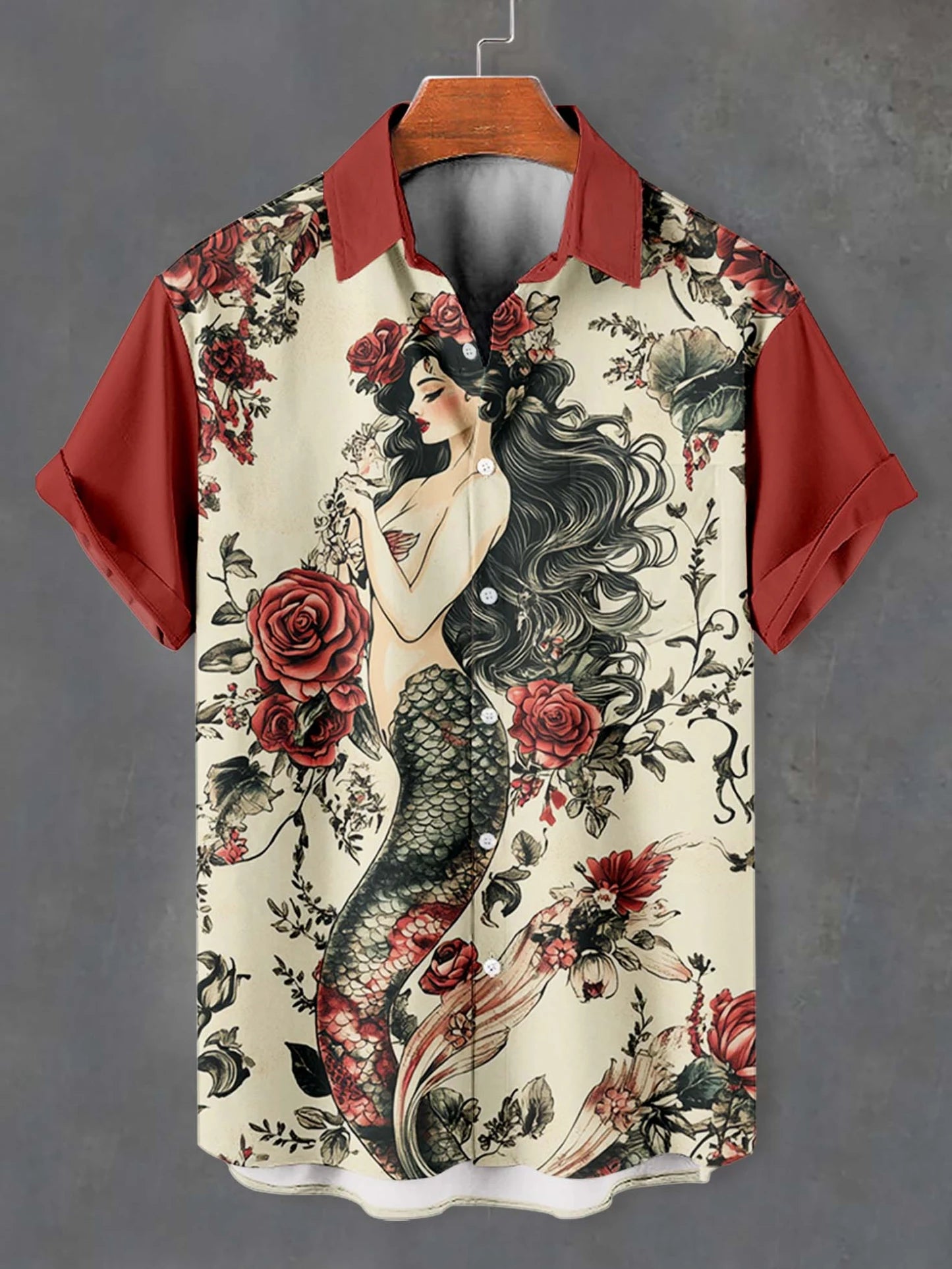 Retro Mermaid Pattern Men's Shirt Short Sleeve Shirts Button Down Lapel Shirts Oversized Tops Casual Hawaiian Shirt for Men