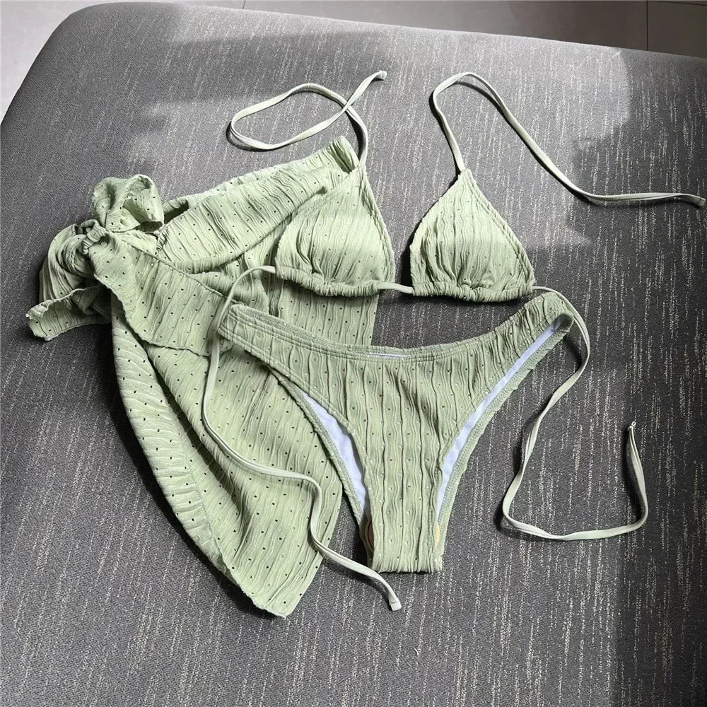 White Swimwear with Cover Up Halter Micro Thong 3 Piece Bikini Set Women Textured Swimsuit String Bathing Suit Bikinis Beachwear