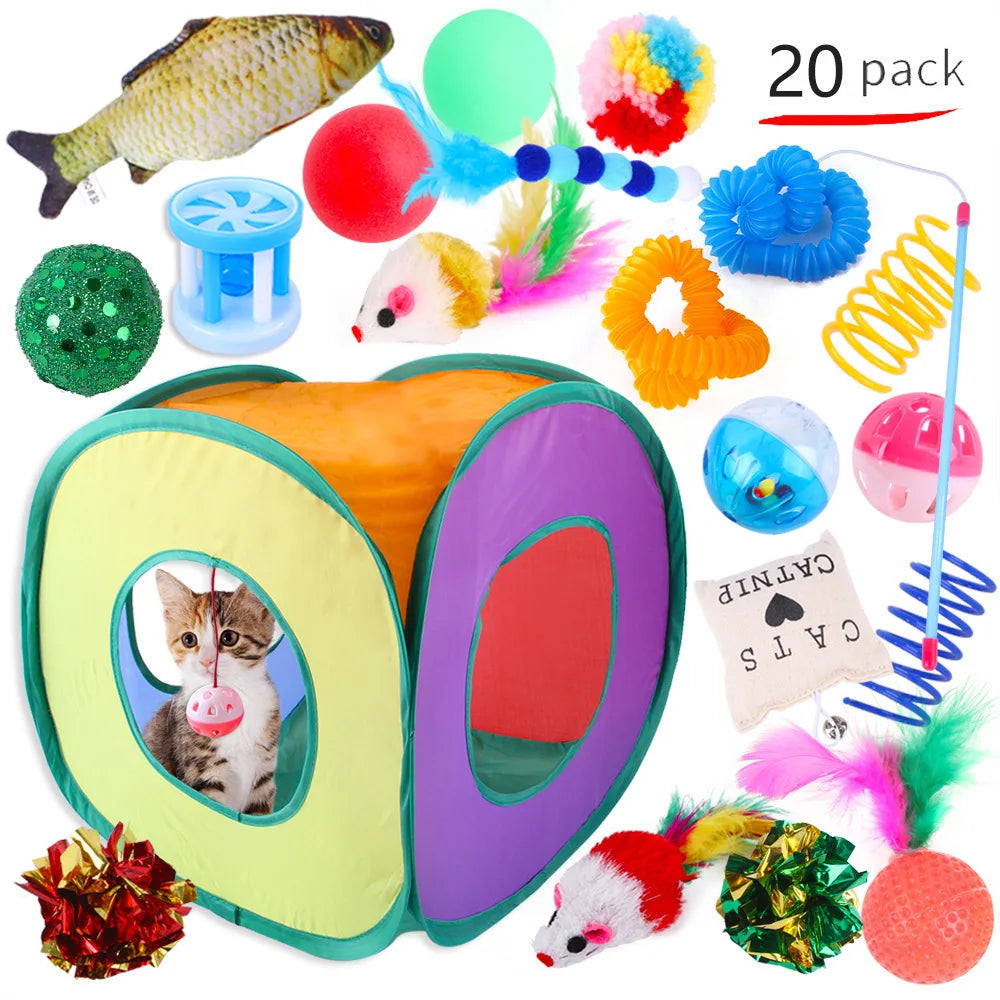 Cat Toy Mouse Shape Ball Foldable Cats Play Tunnel Chat Funny Cat Tent Simulation Fish Combination Set Kitten Supplie Accessorie