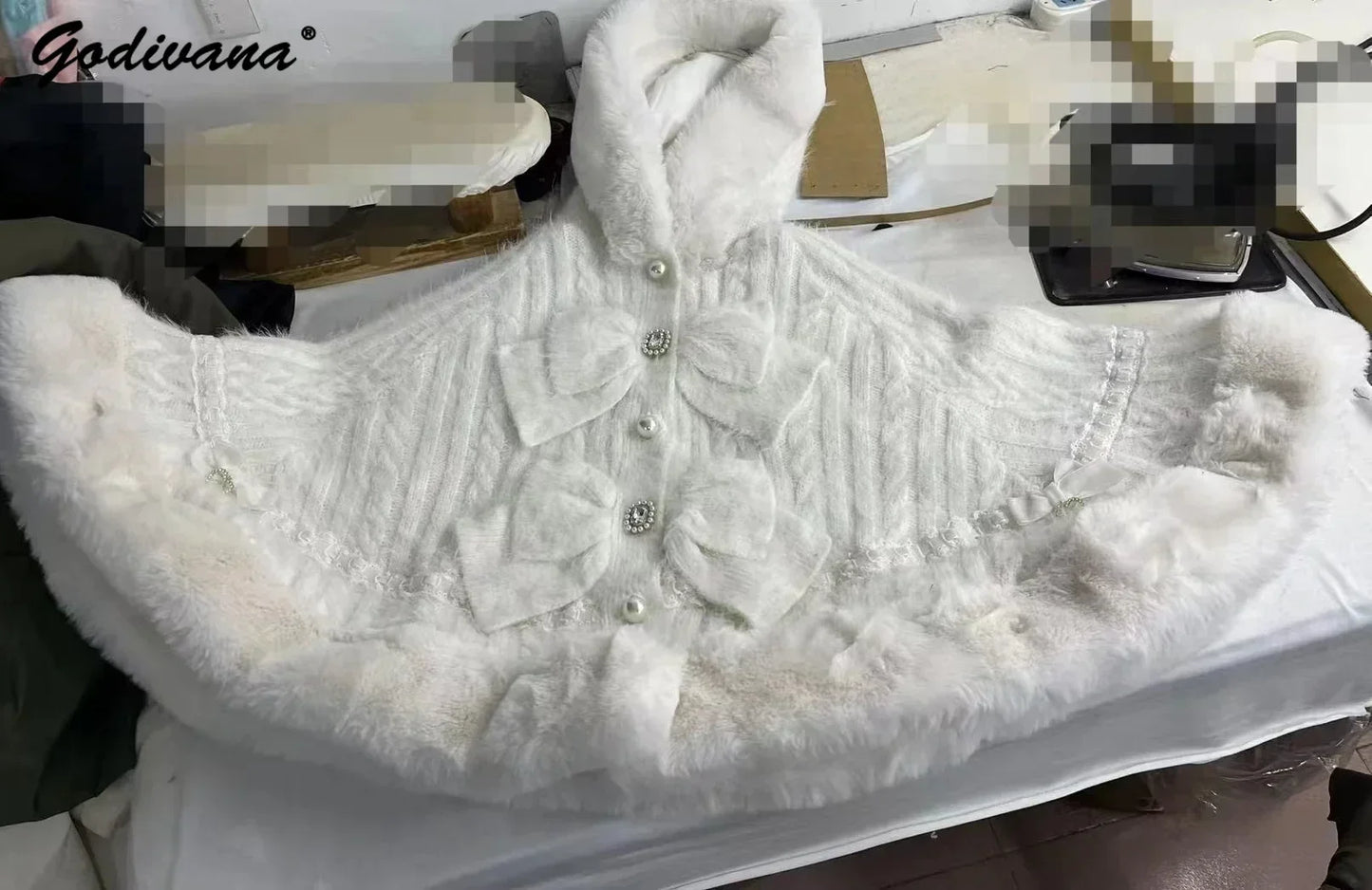 Japanese Sweet Soft Thick Women's Double-Layer Big Ribbon Hooded Knitted Cloak 3 Colors Autumn and Winter Ponchos Warm Jacket