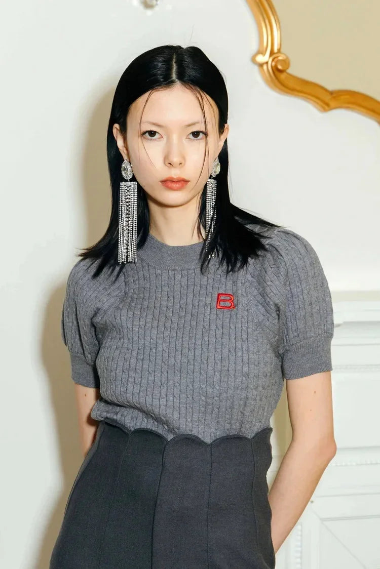 Japanese New Spring Ladies Sweet Bubble Short Sleeve Twist Knitted Top Sweater Letter Embroidered Pure Color Women's T-shirt