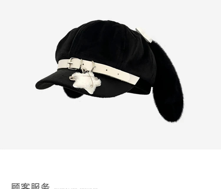 Original Niche Cute Rabbit Ears Plush Berets Cap Y2k Autumn and Winter Travel Personality Versatile Sweet Octagonal Hats Women